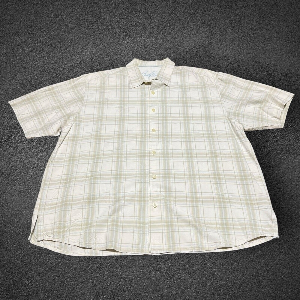 Tommy Bahama‎ Shirt Mens XL Beige Silk Soprano Style Hawaiian Palm Trees Relax